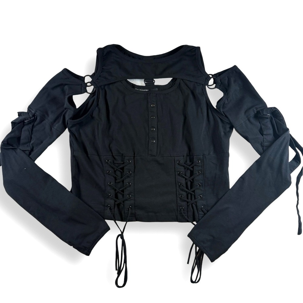 Chemical Black Gothic Cold Shoulder Lace Up Corset Crop Top Black 2XL